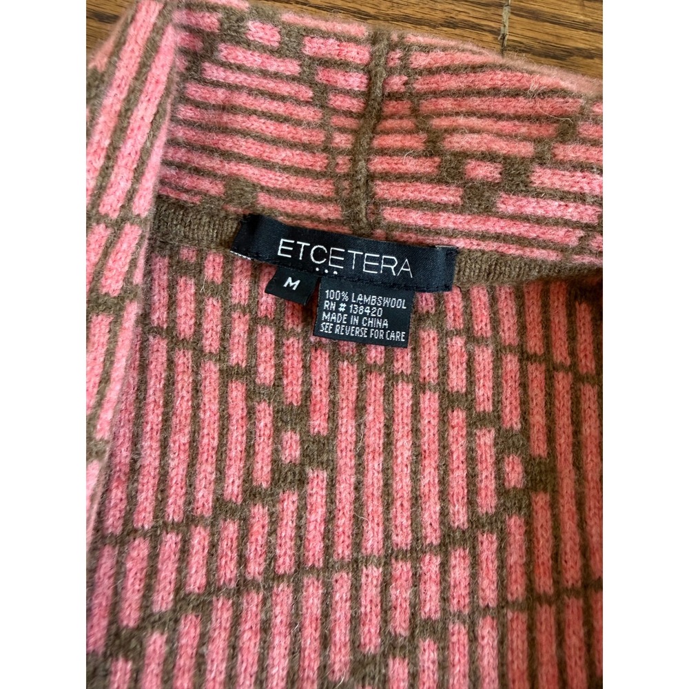 Etcetera Pink Brown 100% Lambswool Geometric Open Cardigan Sweater Medium M Wool